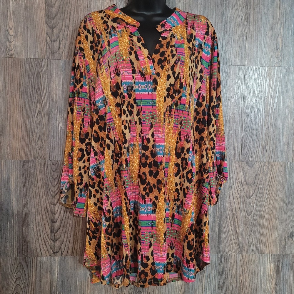 Dear Scarlett Lightweight Tunic 2X Multicolor Mixed Print Roll Tab Maximalist